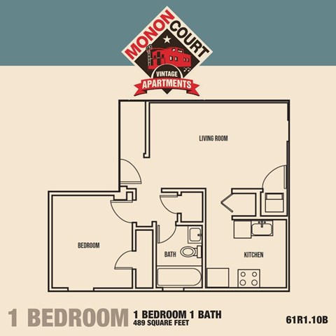 A floor plan for a one bedroom apartment with a living room, kitchen, and bath.